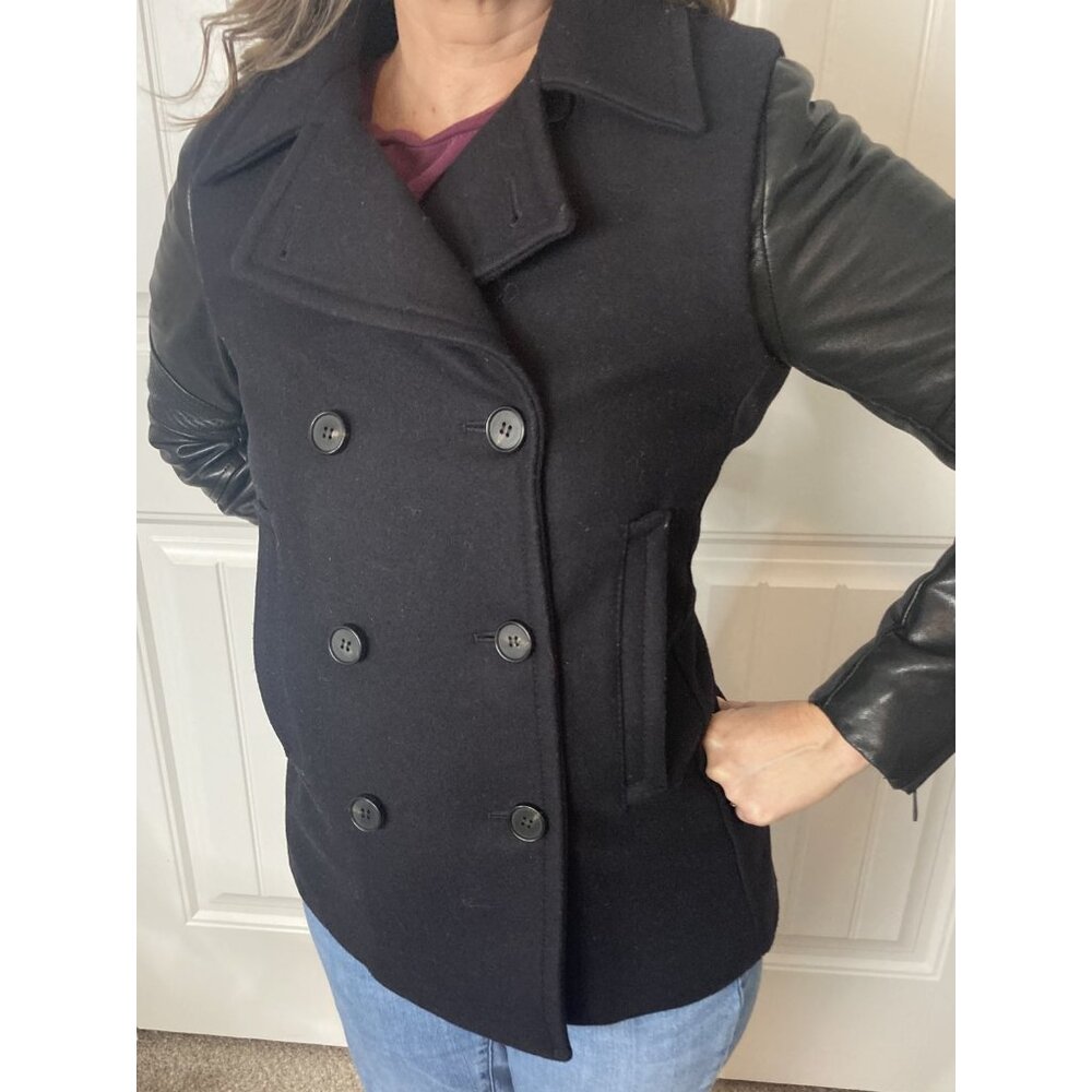 AllSaints Black Wool / Leather Zaskai Pea Coat Jacket XS XSmall